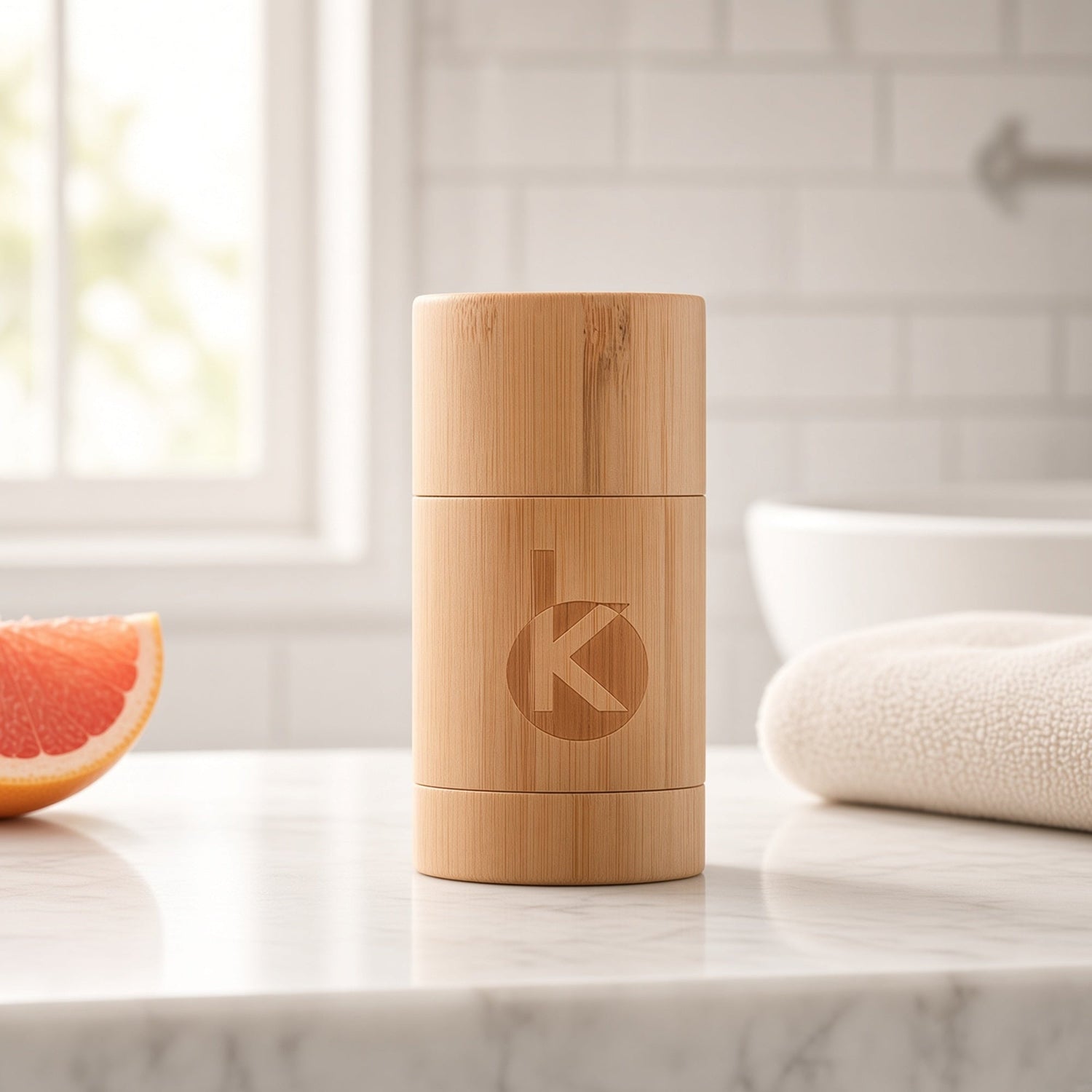 Kōzōn Mineral Deodorant on a marble bathroom counter