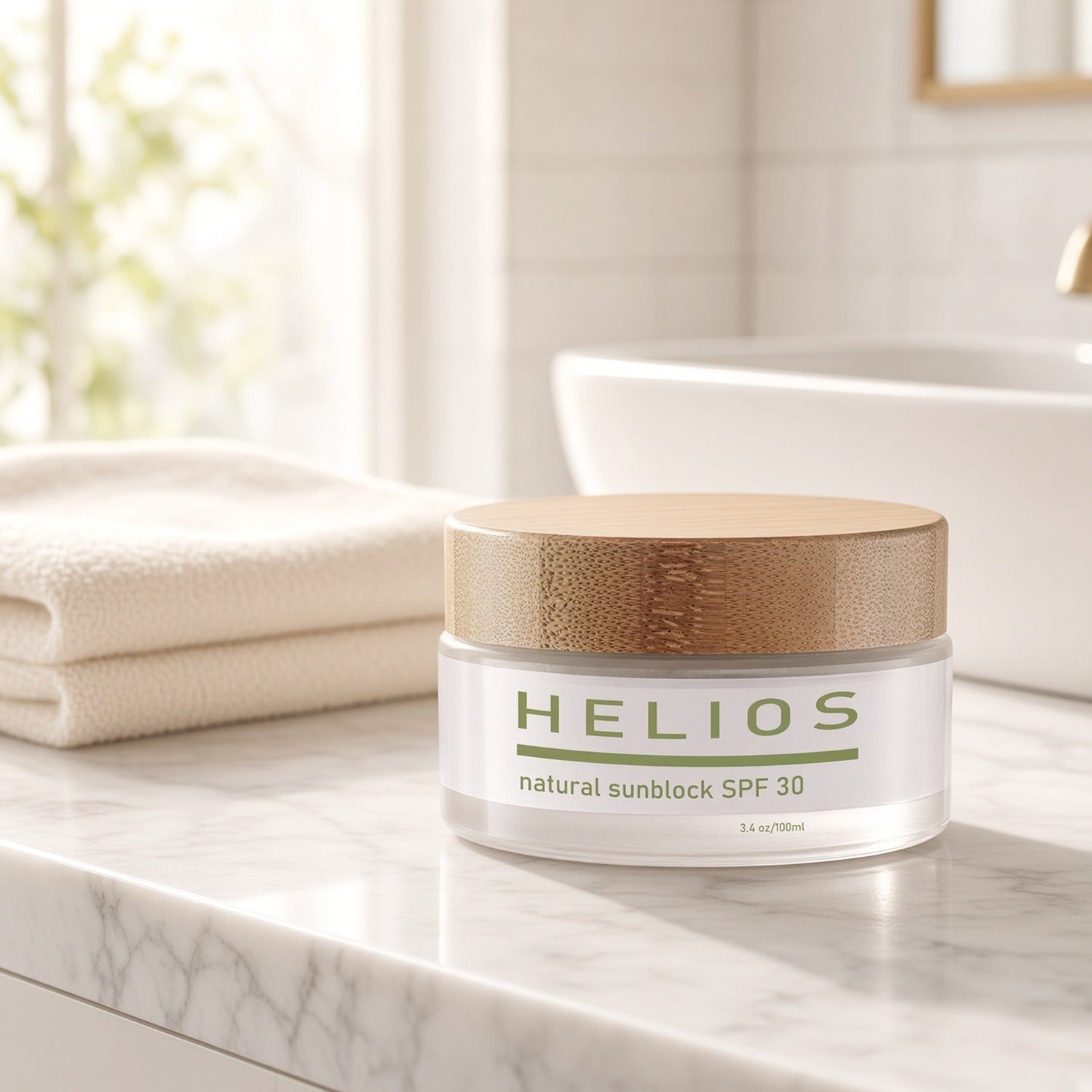 Kōzōn Helios SPF 30 Mineral Sunscreen on a marble counter