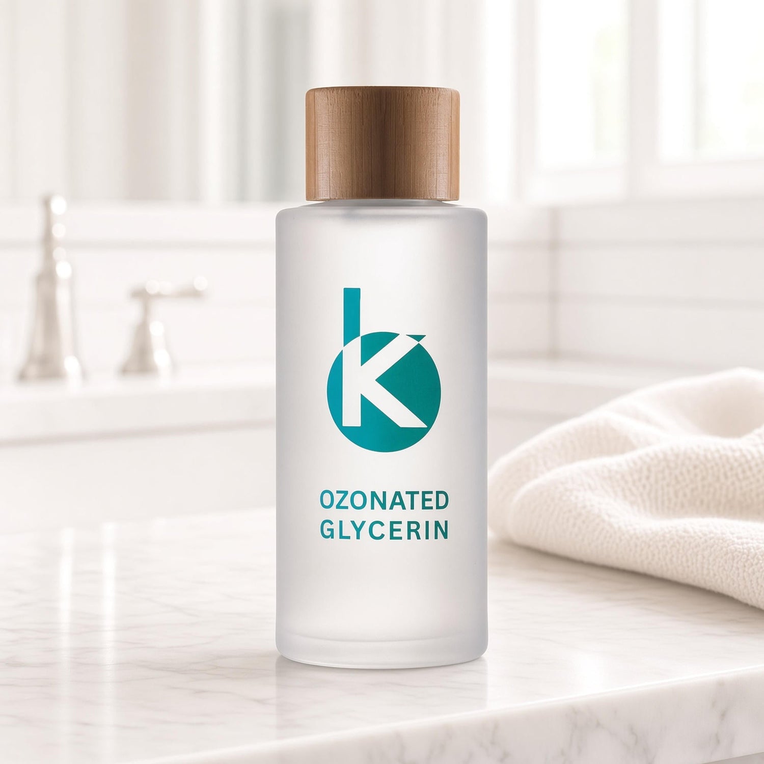Kōzōn Ozonated Glycerin bottle on a marble bathroom counter