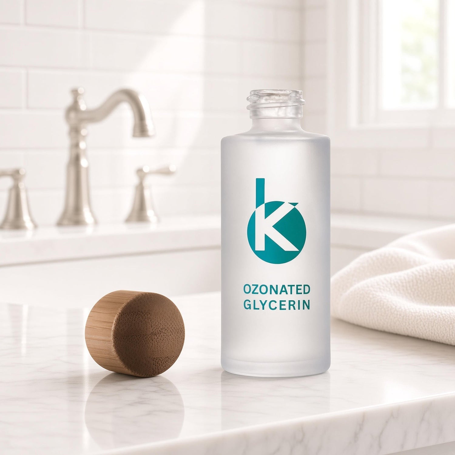 Kōzōn Ozonated Glycerin with the cap off, on a marble counter